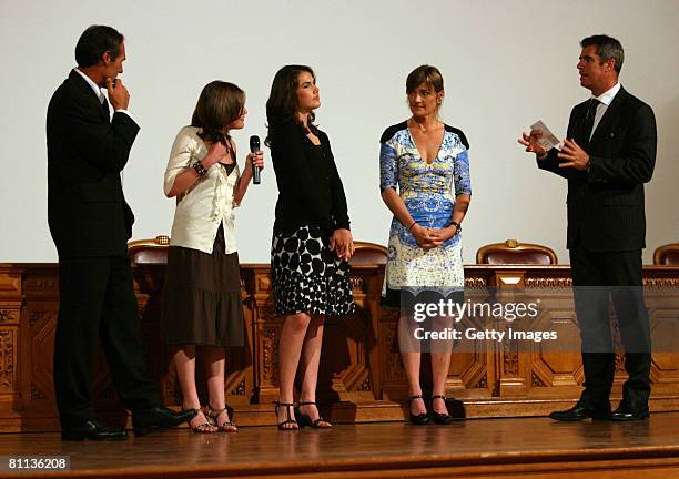 Mike Horn, Jessica Horn, Annika Horn and Cathy Horn are interviewed by the MC during a presentation at Oceanographic Museum on May 17, 2008 in Monte...