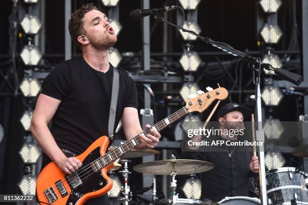 British band Royal Blood's bass player and singer Mike Kerr and drummer Ben Thatcher perform on stage during the 29th Eurockeennes rock music...