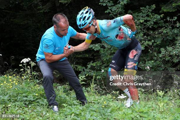 Alexey Lutsenko of Kazakhstan riding for Astana Pro Team is helped up after crashing during stage 9 of the 2017 Le Tour de France, a 181.5km stage...