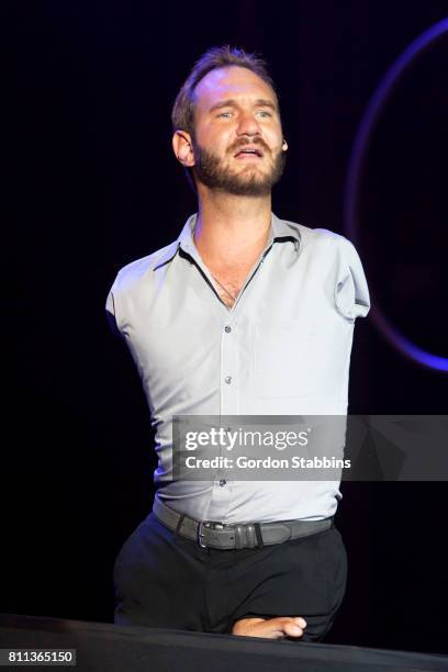 Nick Vujicic talks during the opening ceremony of Exit Festival 2017 on July 6, 2017 in Novi Sad, Serbia.