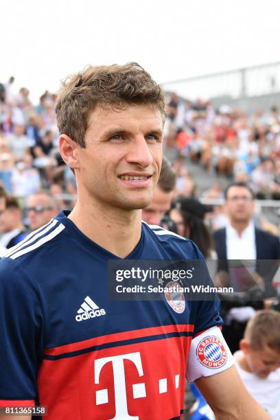 Thomas Mueller of FC Bayern Muenchen walks on the pitch during the preseason friendly match between FSV Erlangen-Bruck and Bayern Muenchen at Adi...