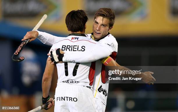 Thomas Briels of Belgium celebrates a goal with Cedric Charlier of Belgium during day 1 of the FIH Hockey World League Semi Finals Pool B match...