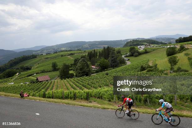 Jan Bakelants of Belgium riding for AG2R La Mondiale and Tony Gallopin of France riding for Lotto Soudal ride in the breakaway during stage 9 of the...