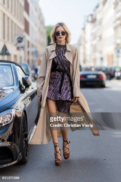 Lisa Hahnbueck wearing Strenesse maxi trench coat, Louis Vuitton Sparkle dress RTW SS16, Aquazurra x Poppy Delevigne high heels, Louis Vuitton Iphone...
