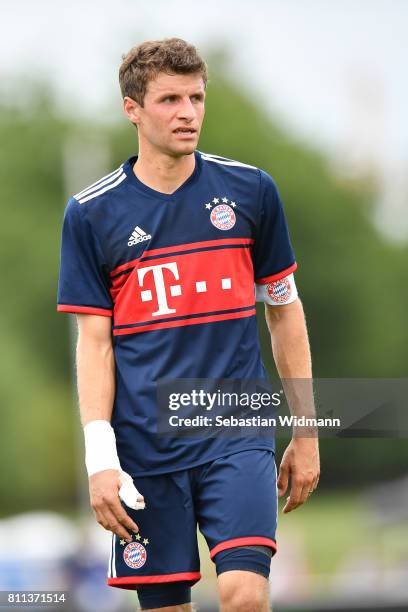 Thomas Mueller of FC Bayern Muenchen looks on during the preseason friendly match between FSV Erlangen-Bruck and Bayern Muenchen at Adi Dassler...