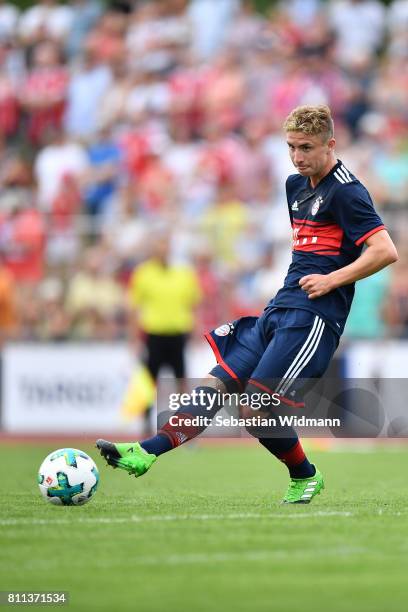 Niklas Tarnat of FC Bayern Muenchen plays the ball during the preseason friendly match between FSV Erlangen-Bruck and Bayern Muenchen at Adi Dassler...