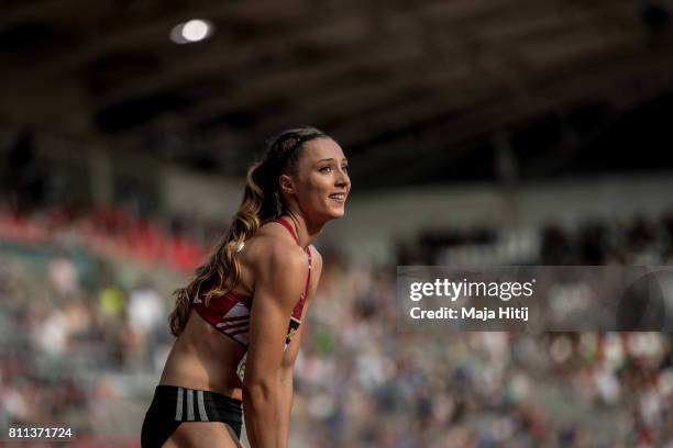 Laura Mueller reacts after winning 200 Meter women's Final at day 2 of the German Championships in Athletics at Steigerwaldstadion on July 9, 2017 in...