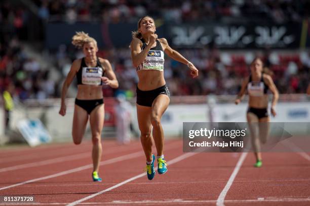 Ruth Sophia Spelmeyer crosses the finish line during women's 400 Meter Final during day 2 of the German Championships in Athletics at...