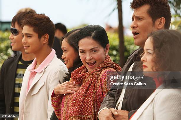 Actor Kristofer King, Julio Diaz, actress Mercedes Cabral, Gina Pareno, actor Coco Martia and actress Jacklyn Jose attend the 'Serbis' photocall at...