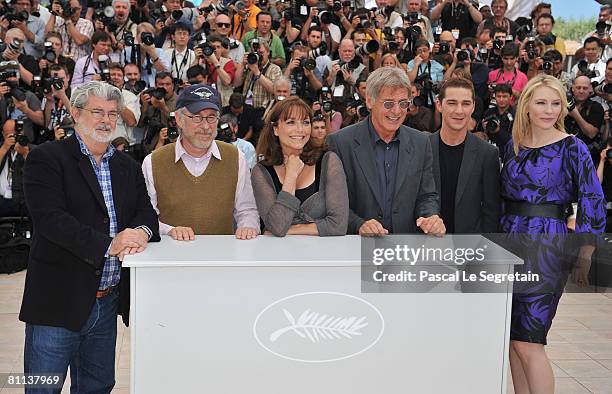 Director/producer George Lucas, director Steven Spielberg, actors Karen Allen, Harrison Ford, Shia LaBeouf and Cate Blanchett pose at the Indiana...