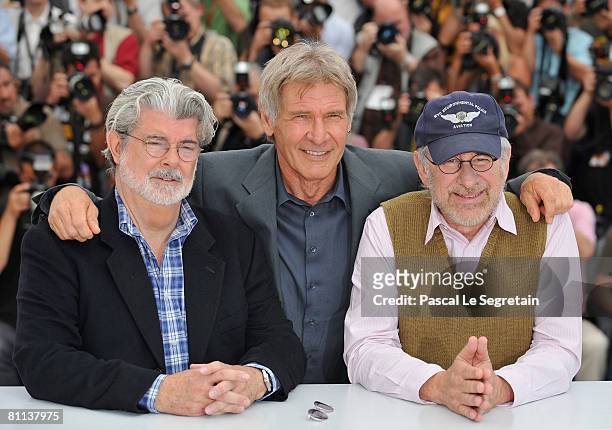 Director/producer George Lucas, actor Harrison Ford and Director Steven Spielberg pose at the Indiana Jones and The Kingdom of The Crystal Skull -...