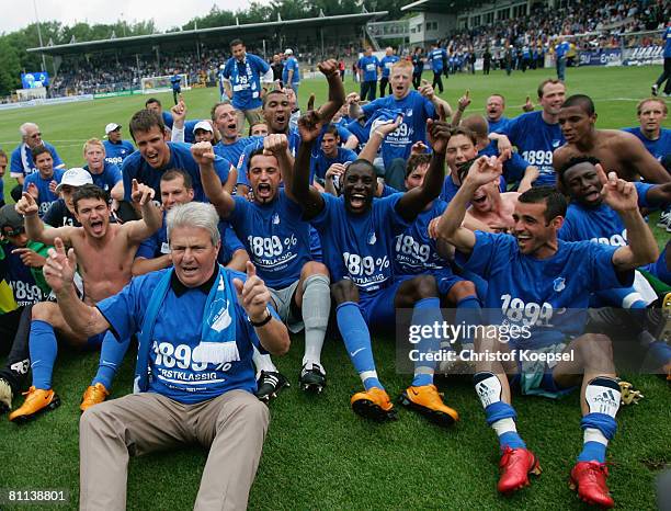 Dietmar Hopp , Francisco Copado and the team of Hoffenheim celebrate the ascension to the First Bundesliga after winning 5-0 the Second Bundesliga...