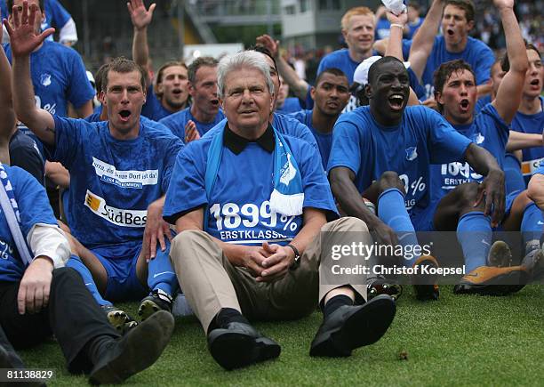 Dietmar Hopp and the team of Hoffenheim celebrate the ascension to the First Bundesliga after winning 5-0 the Second Bundesliga match between 1899...