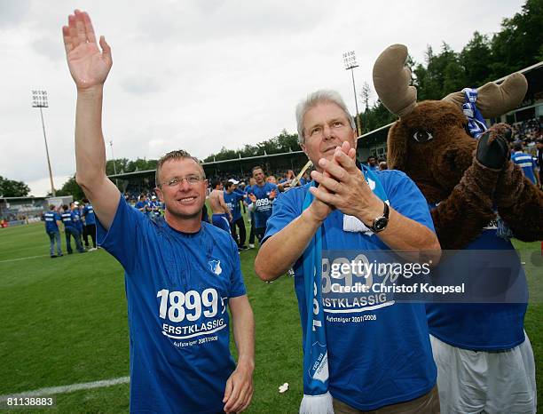 Head coach Ralf Rangnick and Dietmar Hopp of Hoffenheim celebrate the ascension to the First Bundesliga after winning 5-0 the Second Bundesliga match...