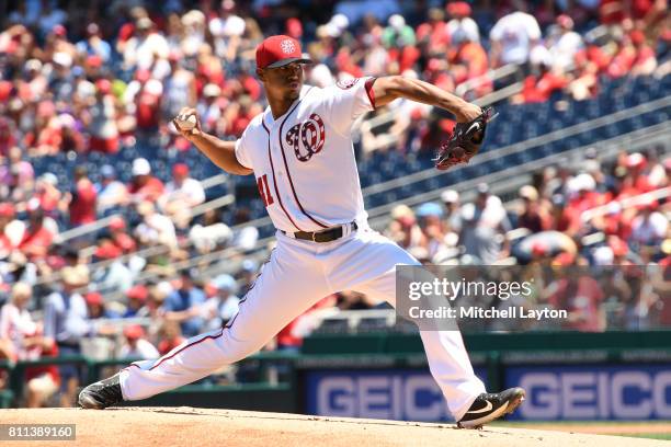 Joe Ross of the Washington Nationals pitches in the first inning during a baseball game against the Atlanta Braves at Nationals Park on July 9, 2017...