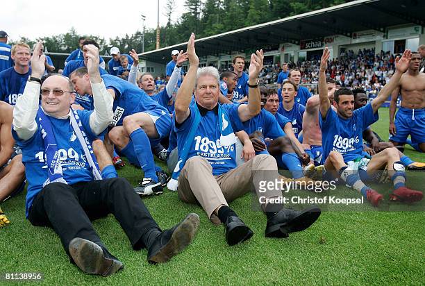 Dietmar Hopp , Francisco Copado and the team of Hoffenheim celebrate the ascension to the First Bundesliga after winning 5-0 the Second Bundesliga...