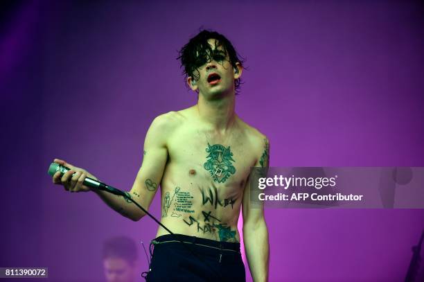 Matthew Healy of English rock band The 1975 performs on the Main Stage on the third day of the TRNSMT music Festival on Glasgow Green, in Glasgow,...