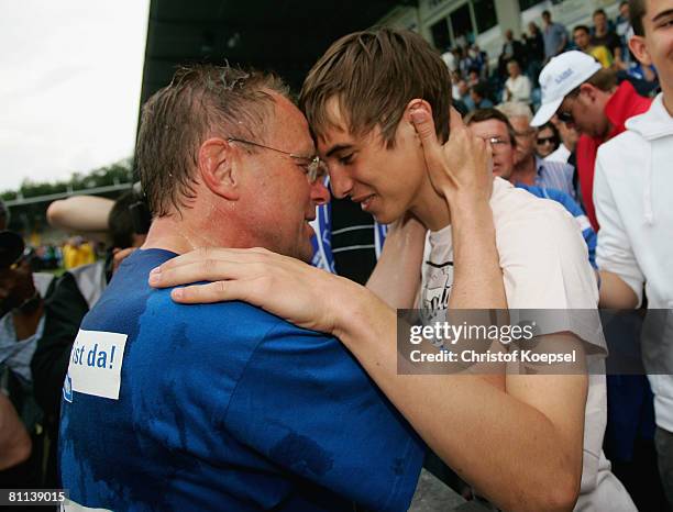 Head coach Ralf Rangnick and his son celebrate the ascension to the First Bundesliga after winning 5-0 the Second Bundesliga match between 1899...