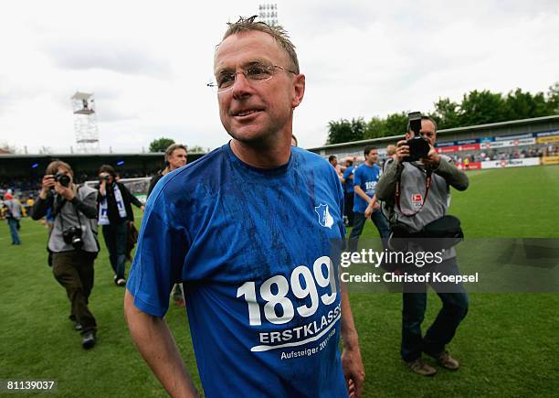 Head coach Ralf Rangnick celebrates the ascension to the First Bundesliga after winning 5-0 the Second Bundesliga match between 1899 Hoffenheim and...