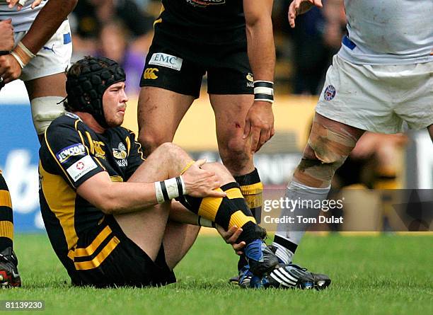 Danny Cipriani of London Wasps dislocates his ankle during the Guinness Premiership Semi Final match between London Wasps and Bath at Adams Park on...