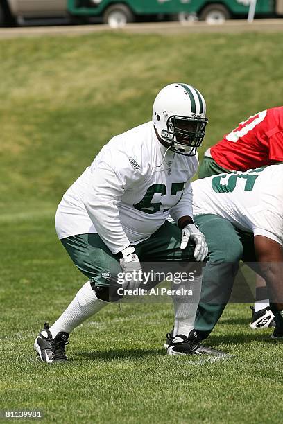 Offensive Lineman Damien Woody of the New York Jets follows the play in Organized Team Activities at the Jets' Training Facilities, on May 15, 2008...
