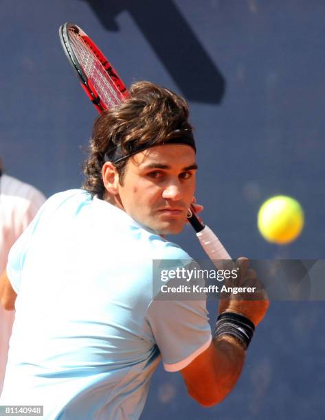 Roger Federer of Switzerland in action during the final match against Rafael Nadal of Spain during day seven of the Tennis Masters Series Hamburg at...