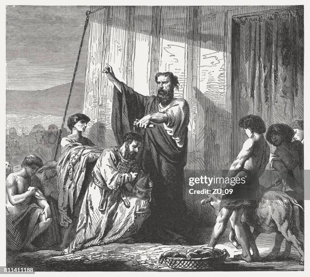 moses consecrates eleazar to aaron's successor (numbers 20, 28) - moses religious figure stock illustrations