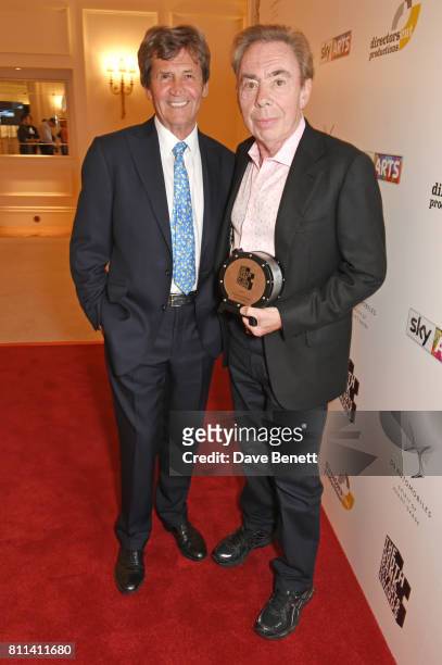 Lord Melvyn Bragg and Lord Andrew Lloyd Webber, winner of the Outstanding Achievement Award, pose in the winners room at The South Bank Sky Arts...