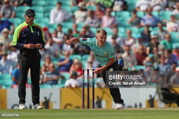 Sam Curran of Surrey bowls during the NatWest T20 Blast match at The Kia Oval on July 9, 2017 in London, England. .