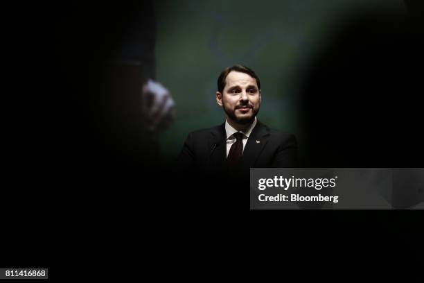 Berat Albayrak, Turkey's energy minister, pauses while speaking during the 22nd World Petroleum Congress in Istanbul, Turkey, on Sunday, July 9,...