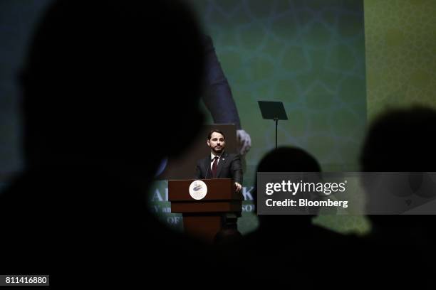 Berat Albayrak, Turkey's energy minister, pauses while speaking during the 22nd World Petroleum Congress in Istanbul, Turkey, on Sunday, July 9,...