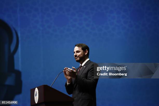 Berat Albayrak, Turkey's energy minister, applauds while speaking during the 22nd World Petroleum Congress in Istanbul, Turkey, on Sunday, July 9,...