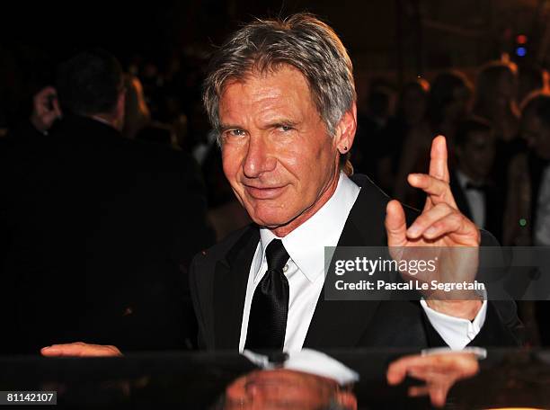 Actor Harrison Ford departs after the Indiana Jones and The Kingdom of The Crystal Skull Premiere at the Palais des Festivals during the 61st...