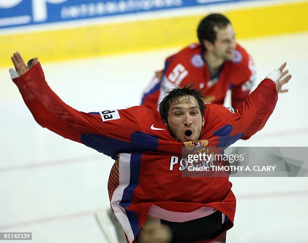 Russia's Alexander Ovechkin celebrates after the winning goal against Canada 5-4 in overtime at the gold medal game of the 2008 IIHF World Hockey...