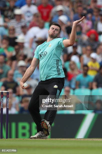 Dominic Sibley of Surrey bowls during the NatWest T20 Blast match at The Kia Oval on July 9, 2017 in London, England. .