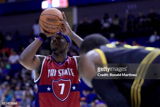 Jermaine ONeal of Tri-State attempts a free throw against the Killer 3s during week three of the BIG3 three on three basketball league at BOK Center...
