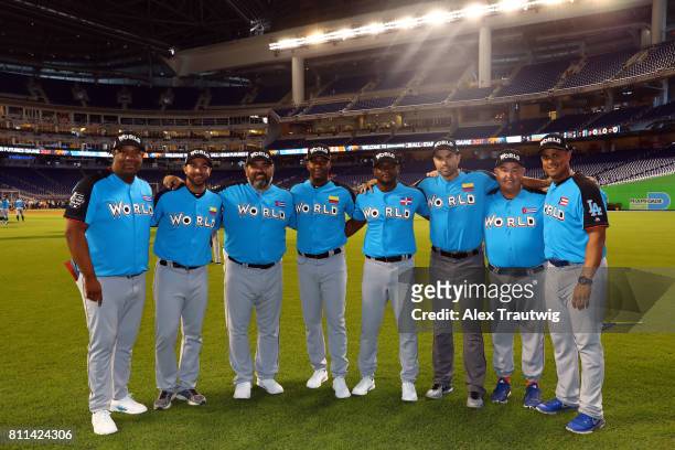 The coaching stafff for the World Team poses for a photo prior to the SirusXM All-Star Futures Game at Marlins Park on Sunday, July 9, 2017 in Miami,...