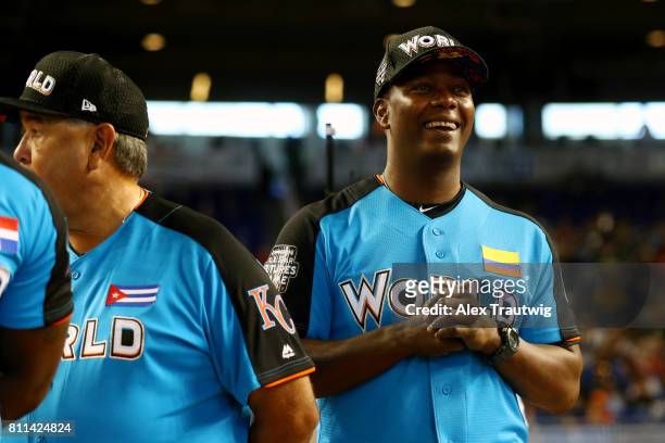 Edgar Renteria looks on during player introductions prior to the SirusXM All-Star Futures Game at Marlins Park on Sunday, July 9, 2017 in Miami,...