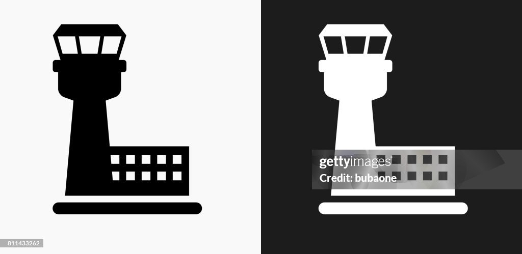 Air Traffic Control Tower Icon on Black and White Vector Backgrounds