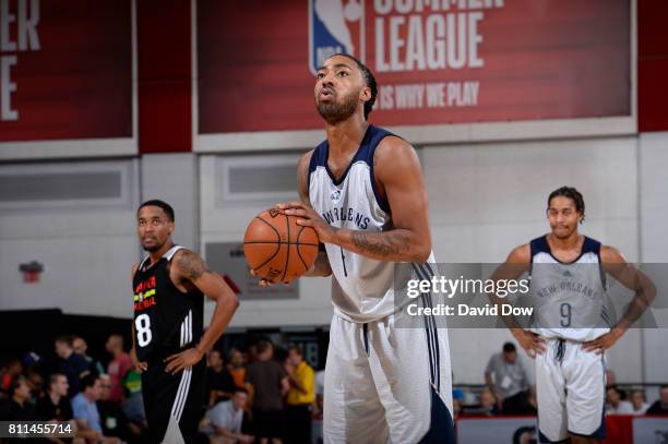 James Young of the New Orleans Pelicans shoots a free throw against the Atlanta Hawks on July 9, 2017 at the Cox Pavilion in Las Vegas, Nevada. NOTE...