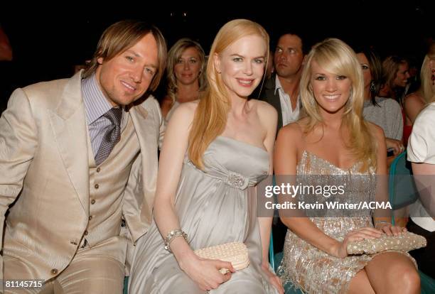 Musician Keith Urban, Actress Nicole Kidman and Singer Carrie Underwood onstage during the 43rd annual Academy Of Country Music Awards held at the...