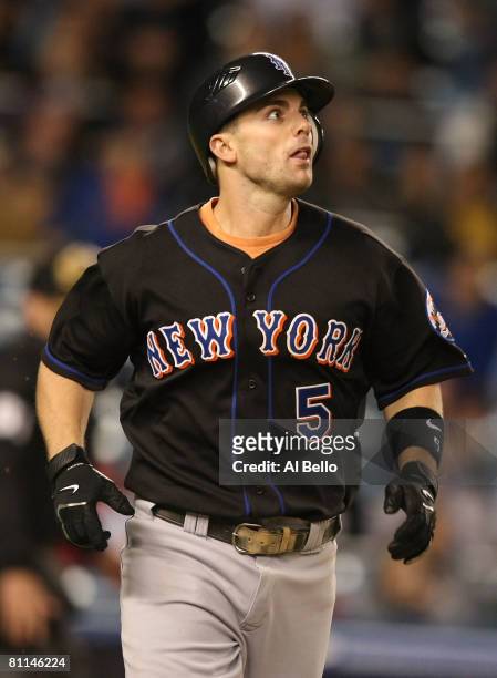 David Wright of the New York Mets flies out against the New York Yankees on May 18, 2008 at Yankee Stadium in the Bronx borough of New York City. The...