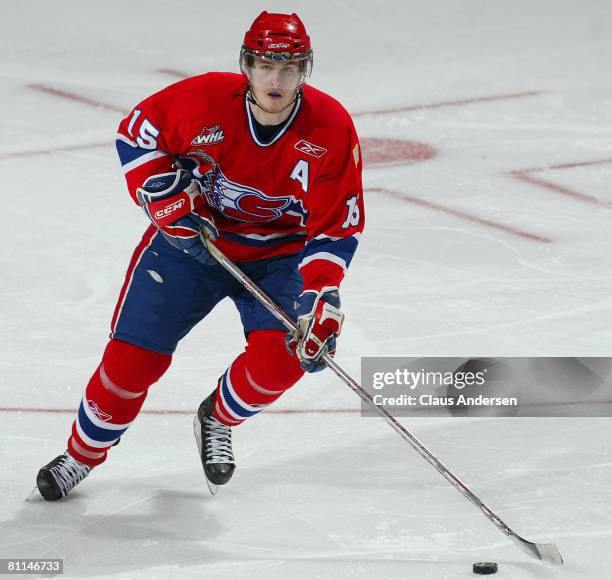 Justin Falk of the Spokane Chiefs heads up ice with the puck against the Kitchener Rangers in a Memorial Cup round robin game on May 18, 2008 at the...