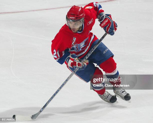 Ondrej Roman of the Spokane Chiefs skates against the Kitchener Rangers in a Memorial Cup round robin game on May 18, 2008 at the Kitchener Memorial...
