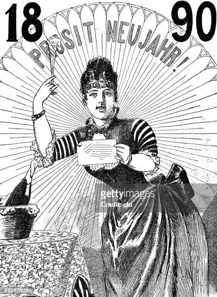 woman cheering for the new year 1890 - 1890 1899 stock illustrations