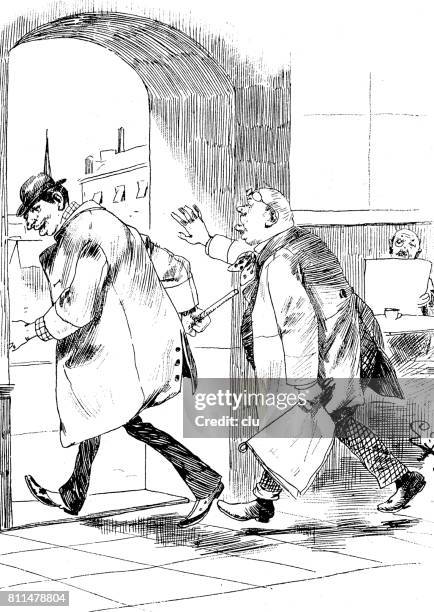 two men leaving the restaurant, having troubles - good friday agreement stock illustrations