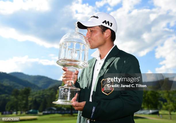 Xander Schauffele poses with the trophy after the final round of The Greenbrier Classic held at the Old White TPC on July 9, 2017 in White Sulphur...