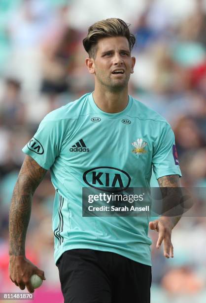 Jade Dernbach of Surrey walks back to his mark ready to bowl during the NatWest T20 Blast match at The Kia Oval on July 9, 2017 in London, England.