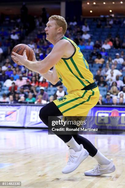 Brian Scalabrine of the Ball Hogs dribbles the ball against the Ghost Ballers during week three of the BIG3 three on three basketball league at BOK...