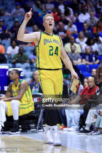 Brian Scalabrine of the Ball Hogs gives out instructions during the game against the Ghost Ballers during week three of the BIG3 three on three...